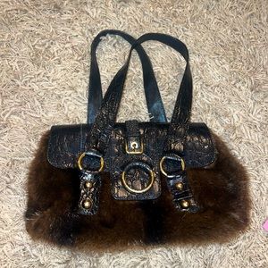 D&G dolce & gabbana brown mink with black crocodile leather detail